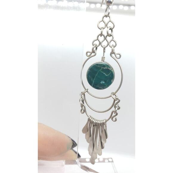 Boho Dangle Earrings Silver Tone Green Malachite Gem Chandelier Long 4.5 Inch - Picture 2 of 5